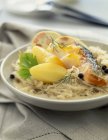 Meeresfrüchte-Choucroute auf weißem Teller über Handtuch — Stockfoto