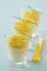 Closeup view of egg and mimosa Verrines in glasses with fork — Stock Photo