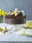 Chocolate cake topped with easter eggs — Stock Photo