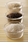 Different kinds of uncooked rices — Stock Photo