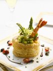 Asparagus and prawn vol-au-vent on white background — Stock Photo