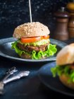 Sanduíche de hambúrguer saudável de quinoa vegana e feijão vermelho com guacamole, alface fresca e tomate, servido em um pão de grão inteiro — Fotografia de Stock