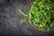 Rúcula y hojas de espinaca bebé en el plato - foto de stock