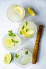 Mojitos with limes, lemons and mint on stone surface — Stock Photo