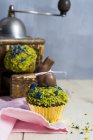 Un muffin al cioccolato condito con pistacchi tritati e un coniglietto al cioccolato — Foto stock