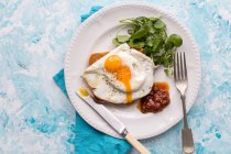 Fried Egg with watercress salad greens and tomato chutney — Stock Photo
