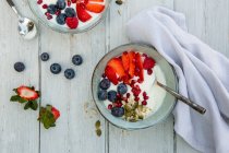 Йогурт с ягодами, гранатом и семенами в мисках — стоковое фото
