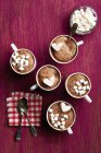 Uma seleção de diferentes bebidas de chocolate quente com marshmallows — Fotografia de Stock