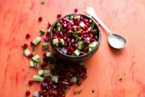 Красный и зеленый салат с семенами граната и специями — стоковое фото