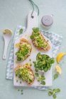 Gegrillte Ciabbata mit Frischkäse-Erbsenaufstrich, Erbsen, Salat und Zitrone mit Zitronenschale, Blick von oben — Stockfoto
