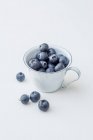 Fresh blueberries in ceramic cup on white background — Stock Photo