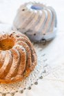 A Bundt cake and a baking tin with icing sugar — Stock Photo
