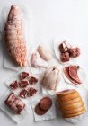 Una selezione di carne, pollo intero, carne di maiale, manzo, coscia di pollo e petto — Foto stock
