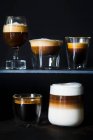 Coffee, espresso, espresso macchiato, black coffee and latte macchiato — Stock Photo
