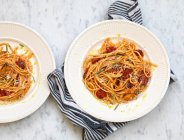 Espaguetis con salsa de pollo y tomate - foto de stock