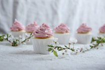 Vegan vanilla and semolina cupcakes with raspberry frosting — Stock Photo