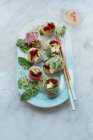 Rice paper rolls filled with chicken escalope, beetroot rice noodles, lettuce, avocado, coriander and mint — Stock Photo