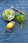 Grated cucumber, onion shoots, lemon with a grater and chervil — Stock Photo