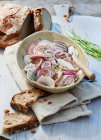 A rustic meat salad with radishes and red onions — Stock Photo