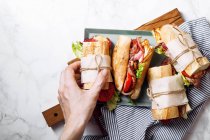 Fresh baguette sandwich bahn-mi styled, bacon, roasted cheese, tomatoes and lettuce on metallic tray on white marble background — Stock Photo