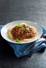 Primer plano de deliciosos espaguetis boloñeses - foto de stock