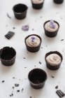 Chocolate buttercups with candied violets — Stock Photo