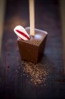 Uma vara de chocolate quente com um pedaço de cana de doces — Fotografia de Stock