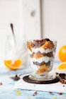 Schichten Joghurt-Parfait mit Schokoladen-Müsli Frische Orange — Stockfoto