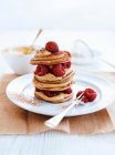 Close-up shot of Coffee pancake with raspberries — Stock Photo