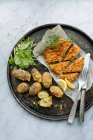 Hühnerschnitzel mit Cornflake-Mantel, Polenta-Kartoffeln und Salat auf einem runden Backblech — Stockfoto