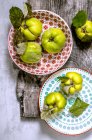 Quince plucked from a tree on colored plates — Stock Photo