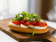 Baguette slice topped with mozzarella, tomatoes and rocket — Stock Photo