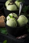 Matcha mint ice cream with chocolate chunks in a black bowl — Stock Photo