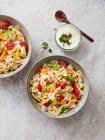 Farfalle salad with tomatoes, peppers, parsley, onion and yoghurt dressing — Stock Photo