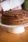 Торт делается: шоколадный крем распространяется на торт — стоковое фото