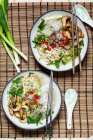 Pho with mung bean germlings, spring onions, chilli, mushrooms and beef (Vietnam) — Stock Photo