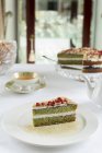 Spinach and pistachio sponge cake with pomegranate seeds and berry mousse — Stock Photo