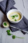 Пастернак и картофельный суп на серой салфетке — стоковое фото