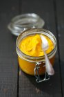 Pesto di zucca fatto in casa in un barattolo di vetro con un cucchiaio — Foto stock