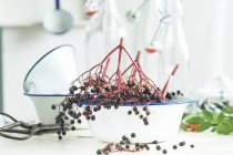 Ingredients and kitchen utensils for making homemade elderberry juice — Stock Photo