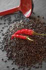 Ein Haufen schwarzer Reis mit getrockneten Chilischoten — Stockfoto