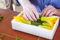 Courgette flowers being packed into a polystyrene container — Stock Photo