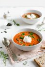 Un bol de soupe de tomates rôties garni de basilic frais, de ricotta et de graines grillées — Photo de stock