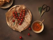Tomates frescos de vid y salsa de tomate - foto de stock