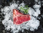 Raw fresh t-bone steak on chipped ice with rosemary — Stock Photo