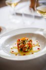Vegetable tartare with tomatoes, courgettes, carrots, potatoes and asparagus — Stock Photo