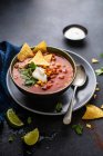 Spicy mexican bean soup with corander, tortillas and sour cream — Stock Photo