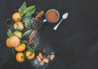 Свежие мандарины с листьями, коричными палочками, ванилью, сосновым шишкой и кружкой горячего шоколада — стоковое фото