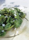Grüne Chilischoten mit grobem Salz — Stockfoto