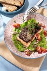 Salmon on bed of grilled savoy cabbage with tomatoes and onions — Stock Photo